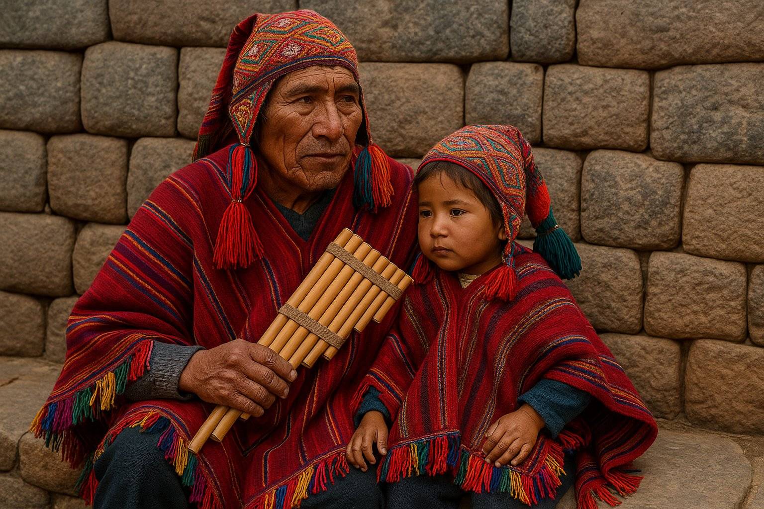 Pai e filho com instrumento andino tradicional – legado cultural
